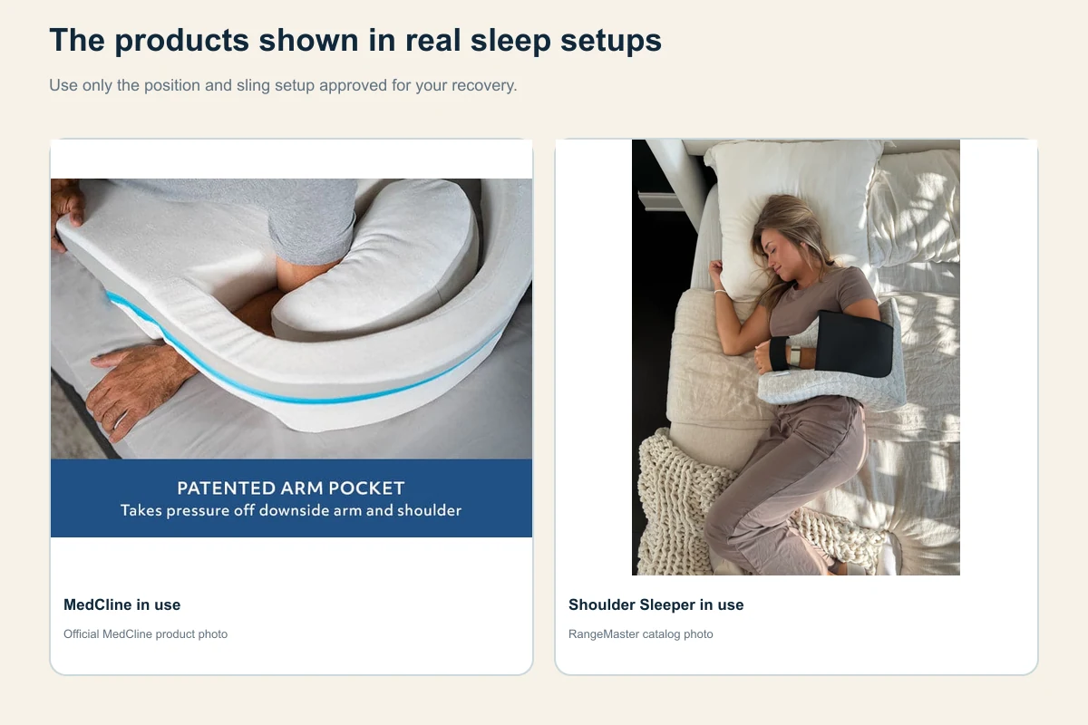 Official lifestyle photos showing the MedCline system and Shoulder Sleeper Pillow in real bed setups