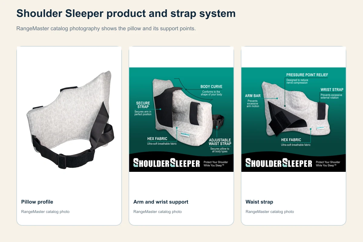 Shoulder Sleeper Pillow with the waist, upper-arm, and wrist straps labeled