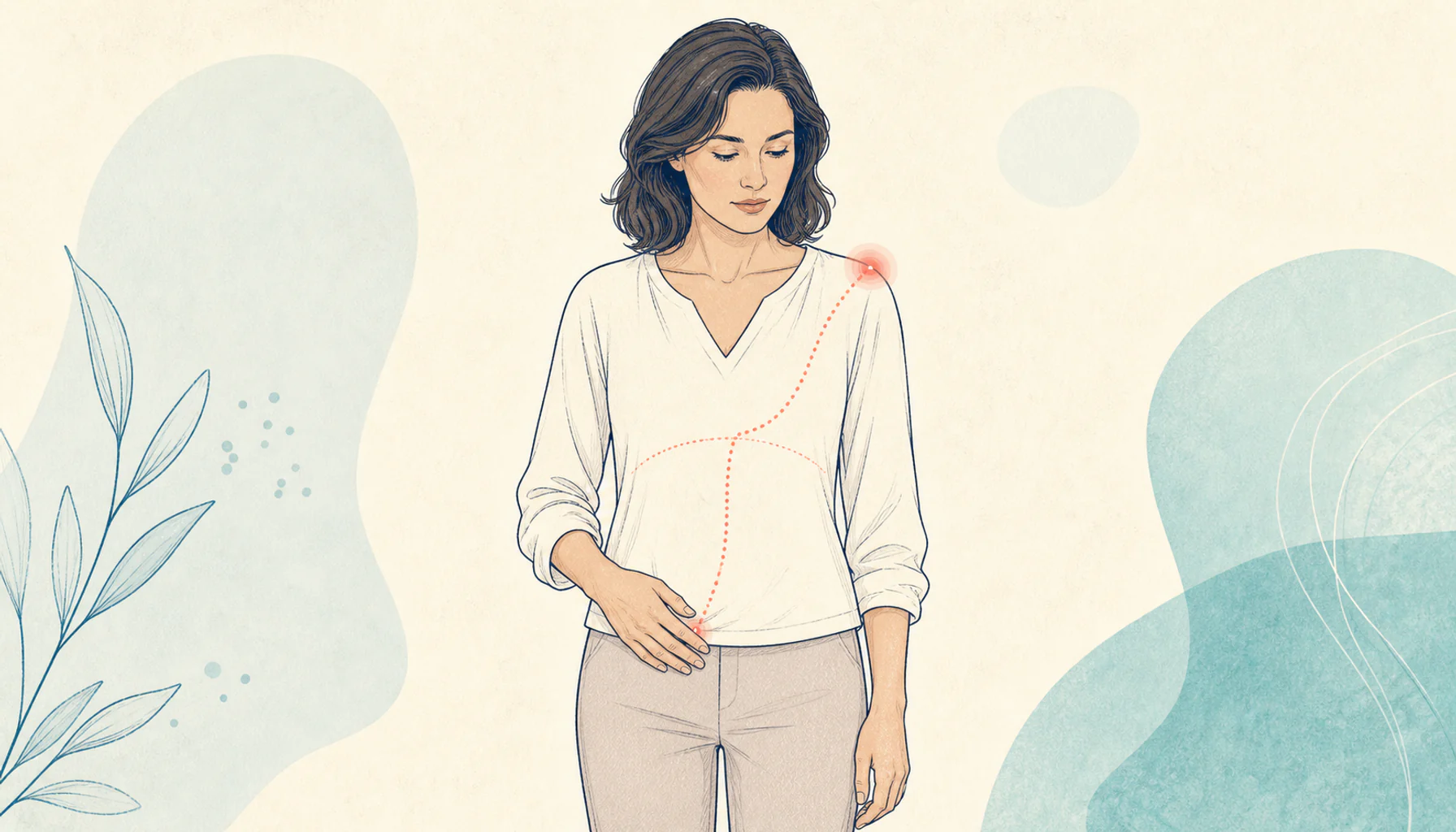 Editorial medical illustration showing referred pain from the abdomen to the shoulder tip during early pregnancy