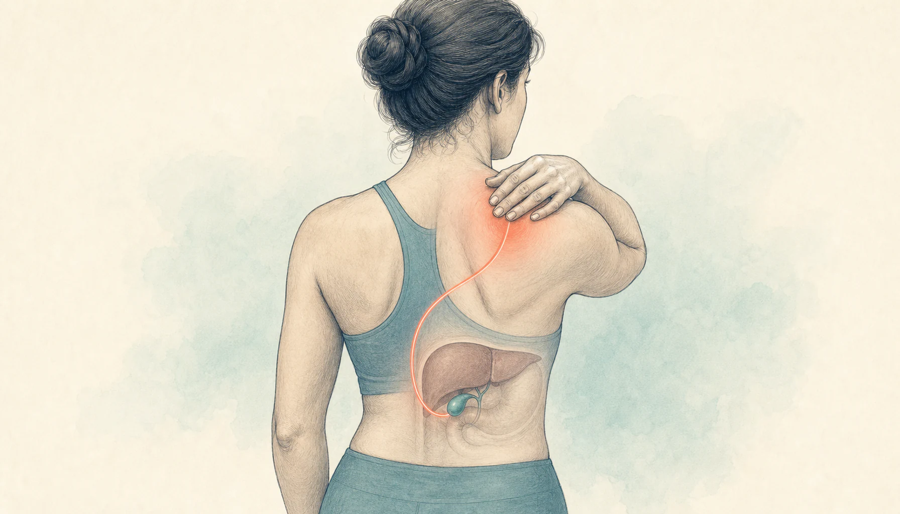 Editorial medical illustration showing referred pain from the gallbladder to the right shoulder and shoulder blade
