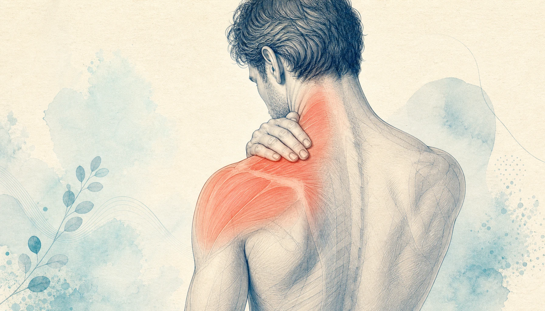 Editorial medical illustration showing muscle and nerve pain areas on the left side of the neck and shoulder