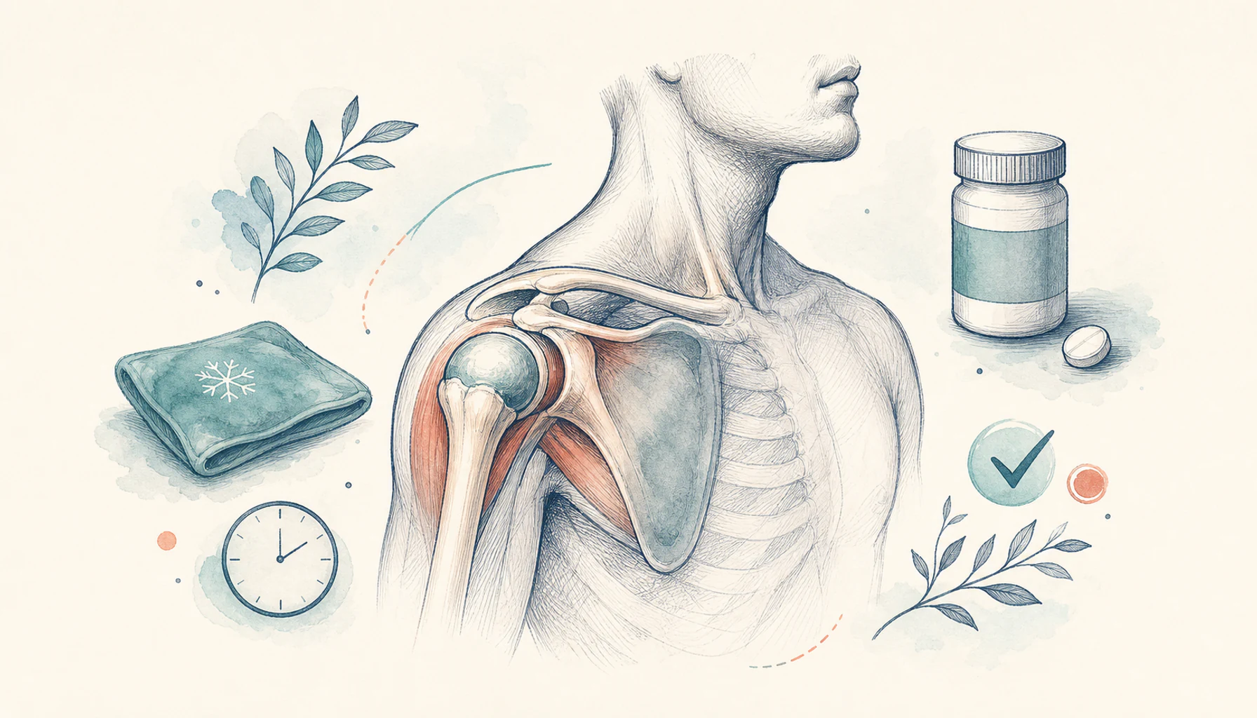 Editorial medical illustration of a shoulder with common pain relief options shown as simple unlabeled icons