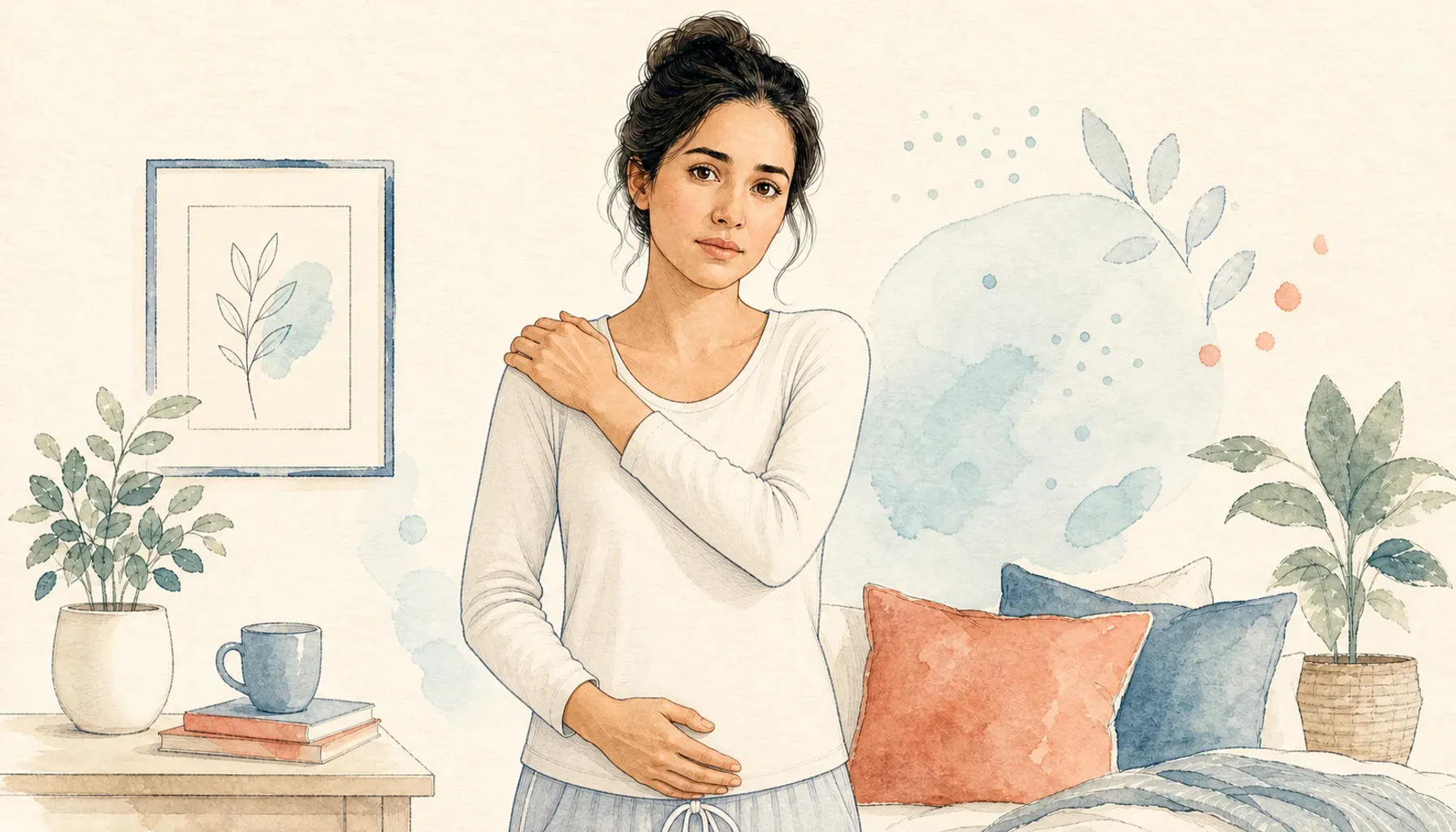 Respectful editorial medical illustration of a person at eight weeks pregnant indicating right shoulder-tip discomfort