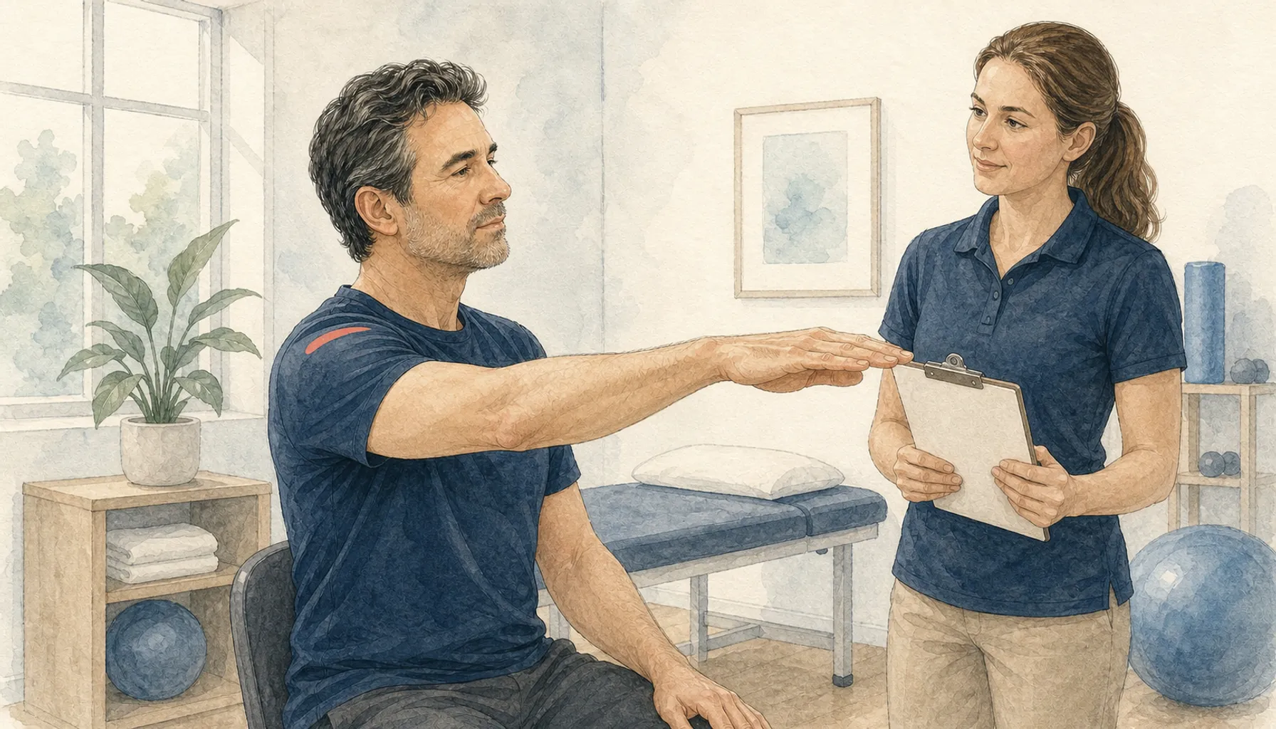 Editorial medical illustration of a shoulder at a one-year surgical follow-up with tendon and joint areas highlighted
