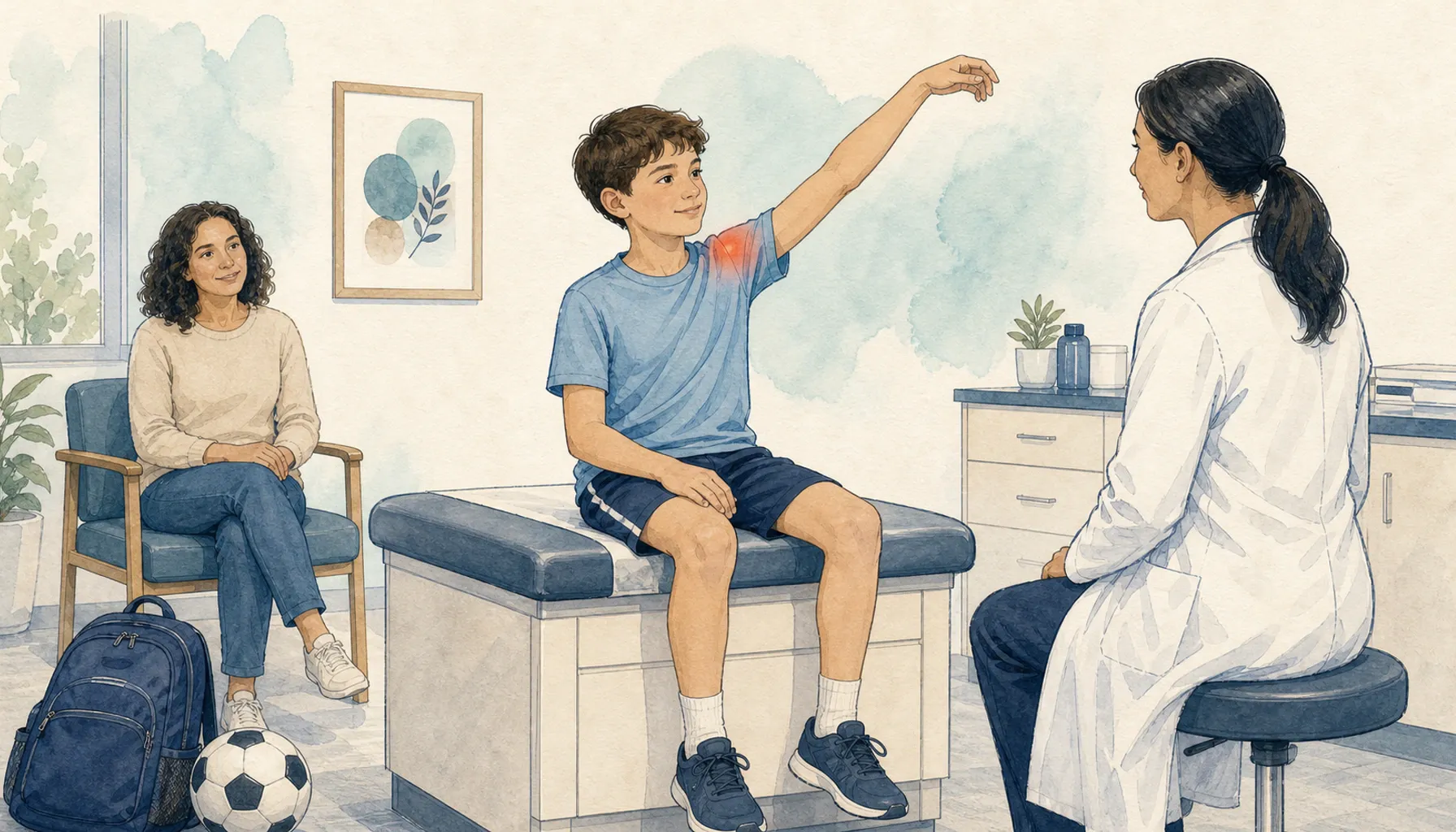 Editorial medical illustration of a parent talking with a 10-year-old who is holding a sore shoulder