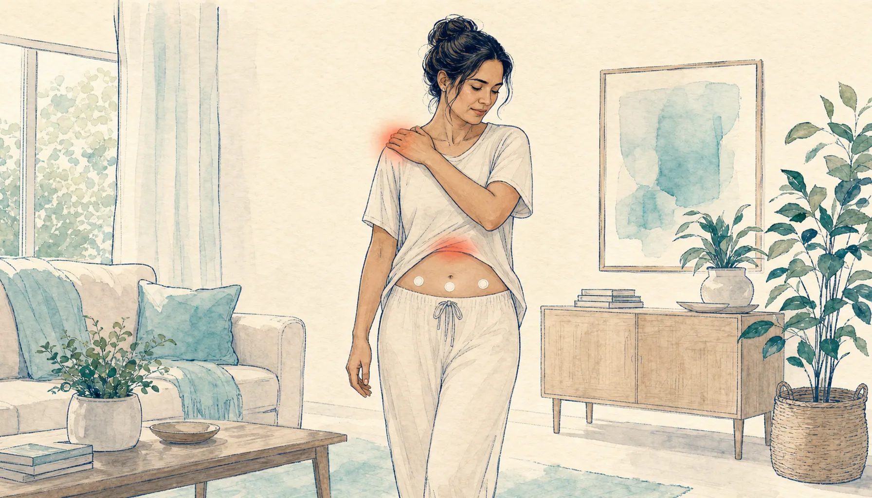 Editorial medical illustration showing referred shoulder-tip discomfort from residual gas after laparoscopic surgery