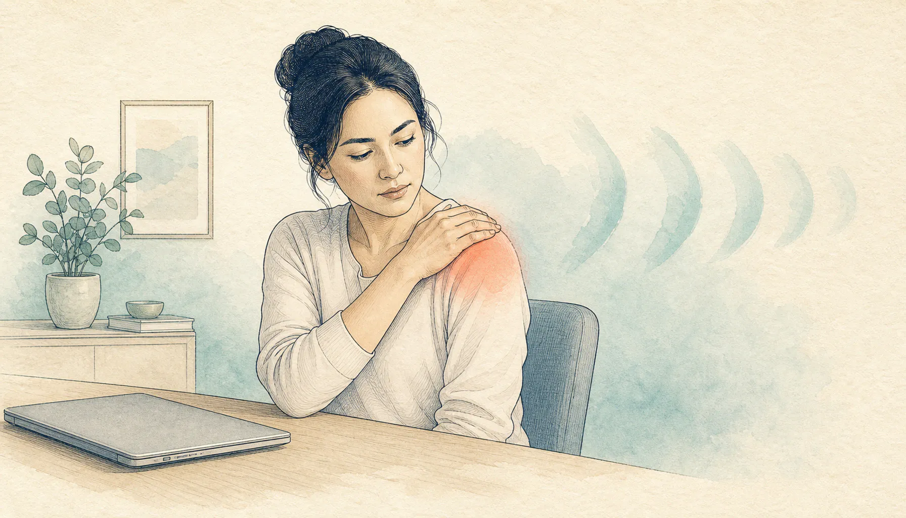 Editorial medical illustration of a person tracking persistent shoulder pain across four weeks on a calendar