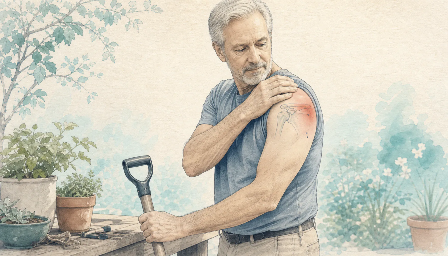 Editorial medical illustration of a late shoulder surgery evaluation showing tendon, joint, and implant considerations