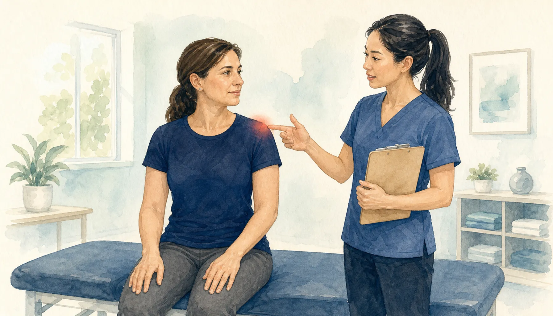 Editorial medical illustration showing shoulder strength and motion assessment eight months after rotator cuff repair