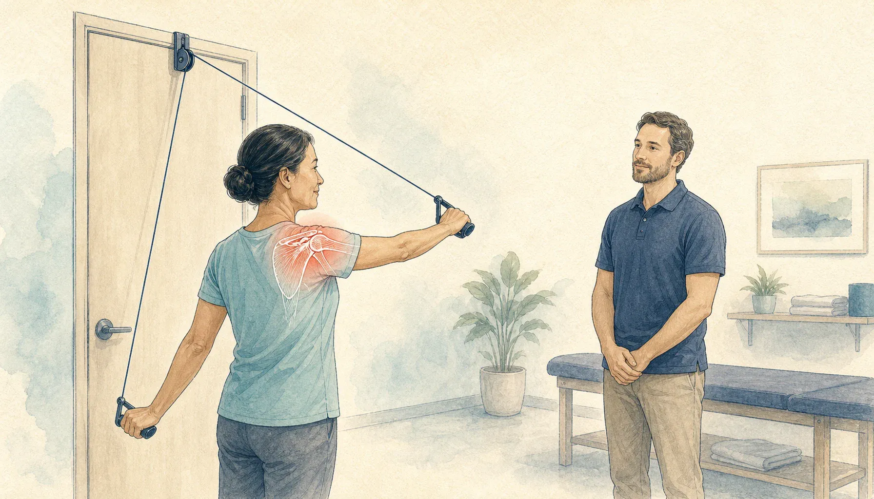 Editorial medical illustration of a healing rotator cuff repair at eight weeks with protected shoulder movement