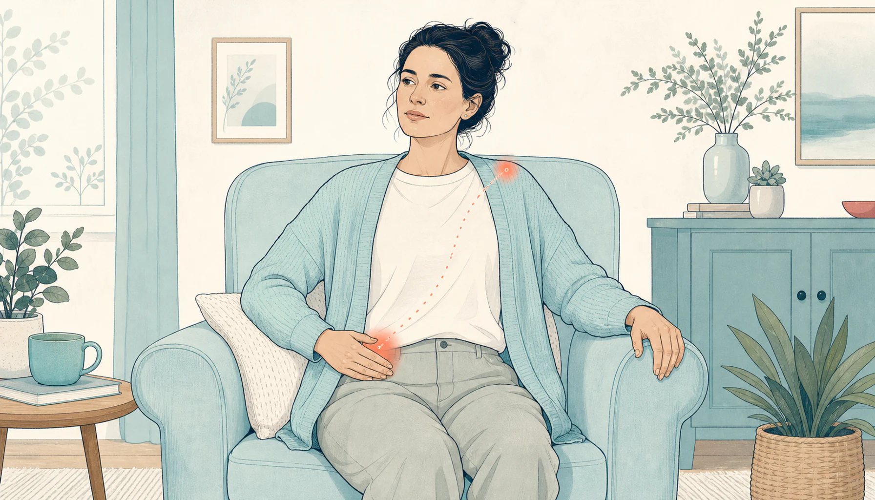 Respectful editorial medical illustration of a postpartum mother with shoulder-tip and lower abdominal pain areas highlighted