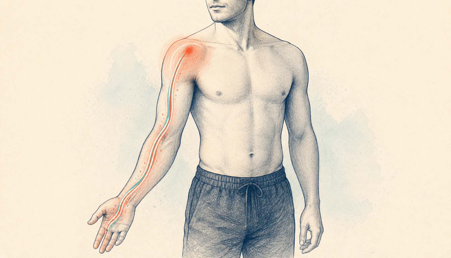 Editorial medical illustration tracing shoulder pain and nerve symptoms down one arm