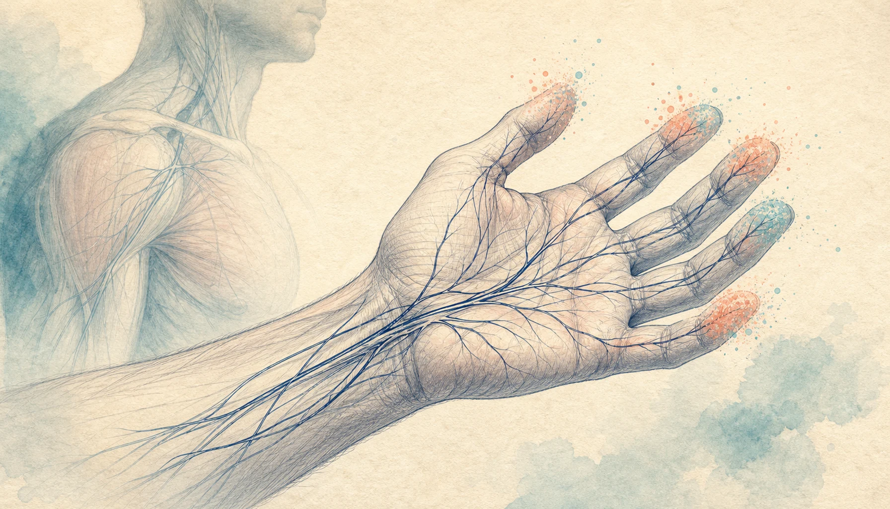 Editorial medical illustration tracing a nerve signal from the neck and shoulder into tingling fingers