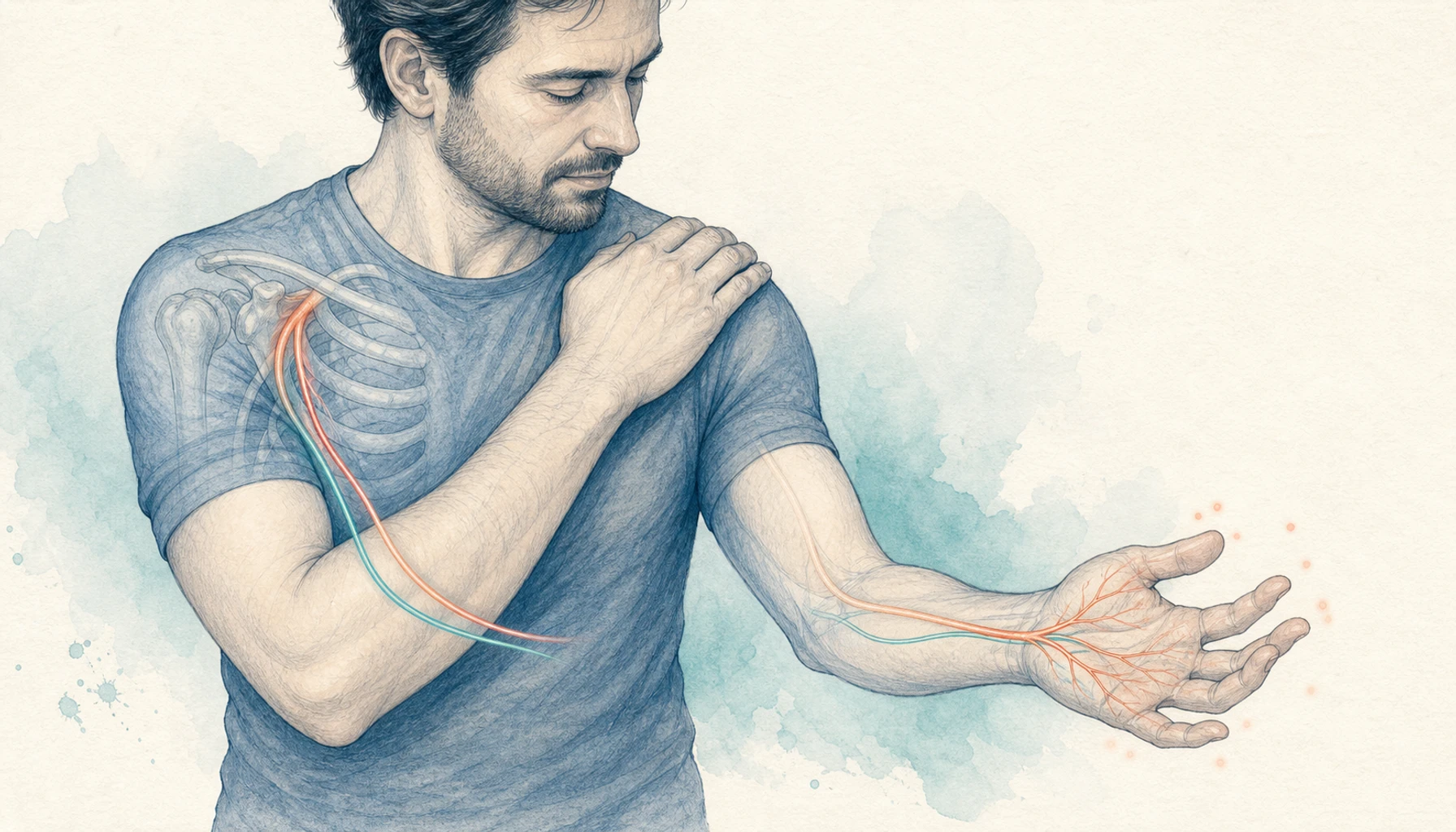 Editorial medical illustration tracing tingling from the shoulder through the arm into the hand