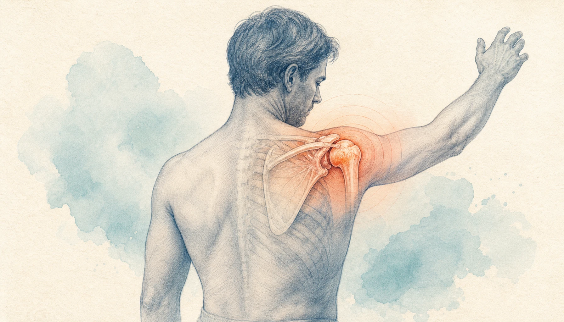 Editorial medical illustration comparing a painful shoulder joint with arthritis changes and surrounding soft tissue pain