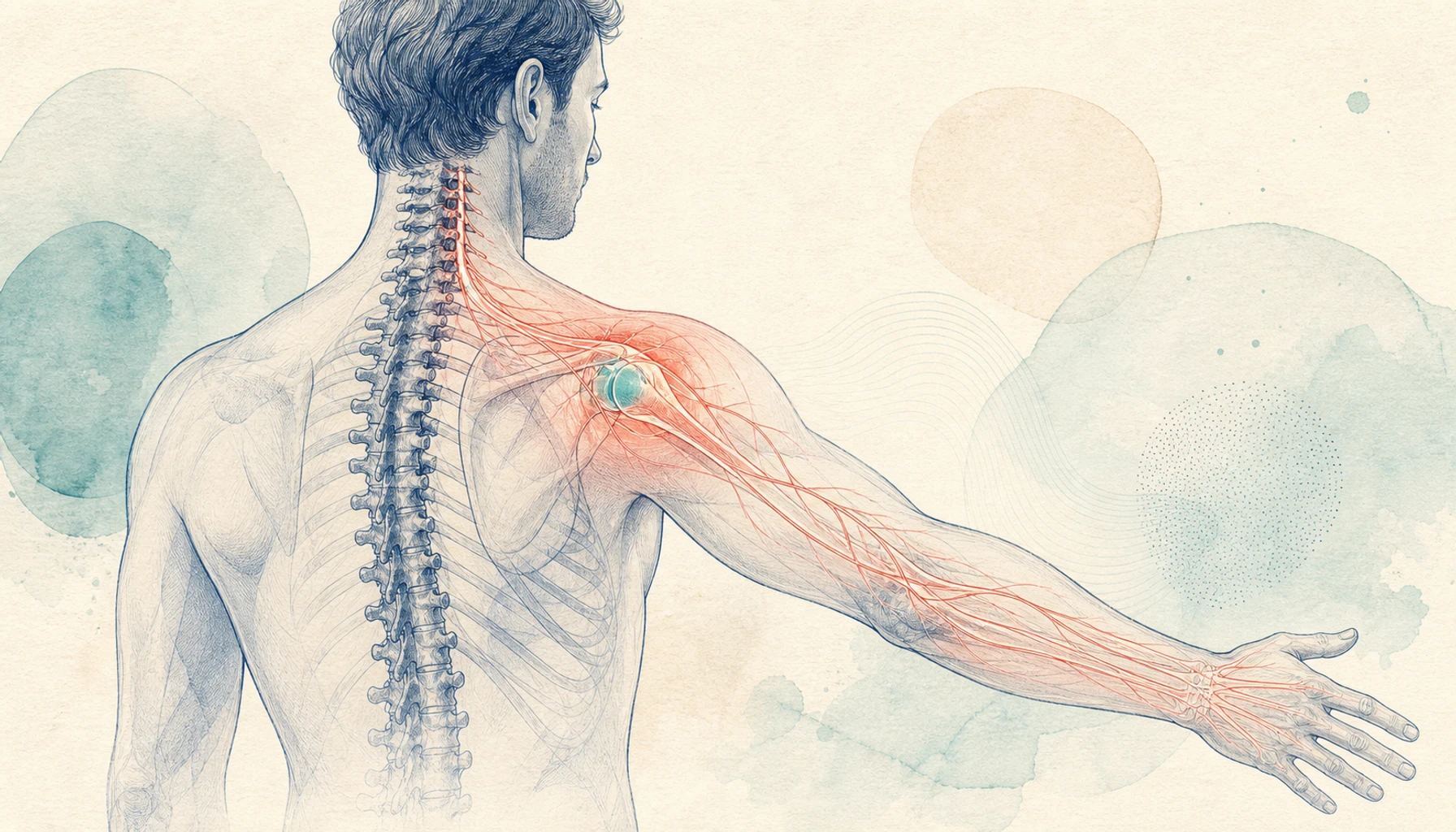 Editorial medical illustration comparing pain from shoulder tissues with a cervical nerve pathway into the arm