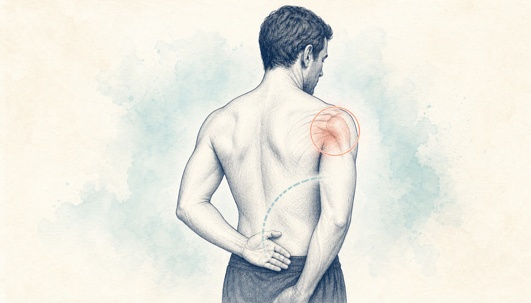 Editorial medical illustration comparing a freely moving shoulder with the restricted arc of a frozen shoulder