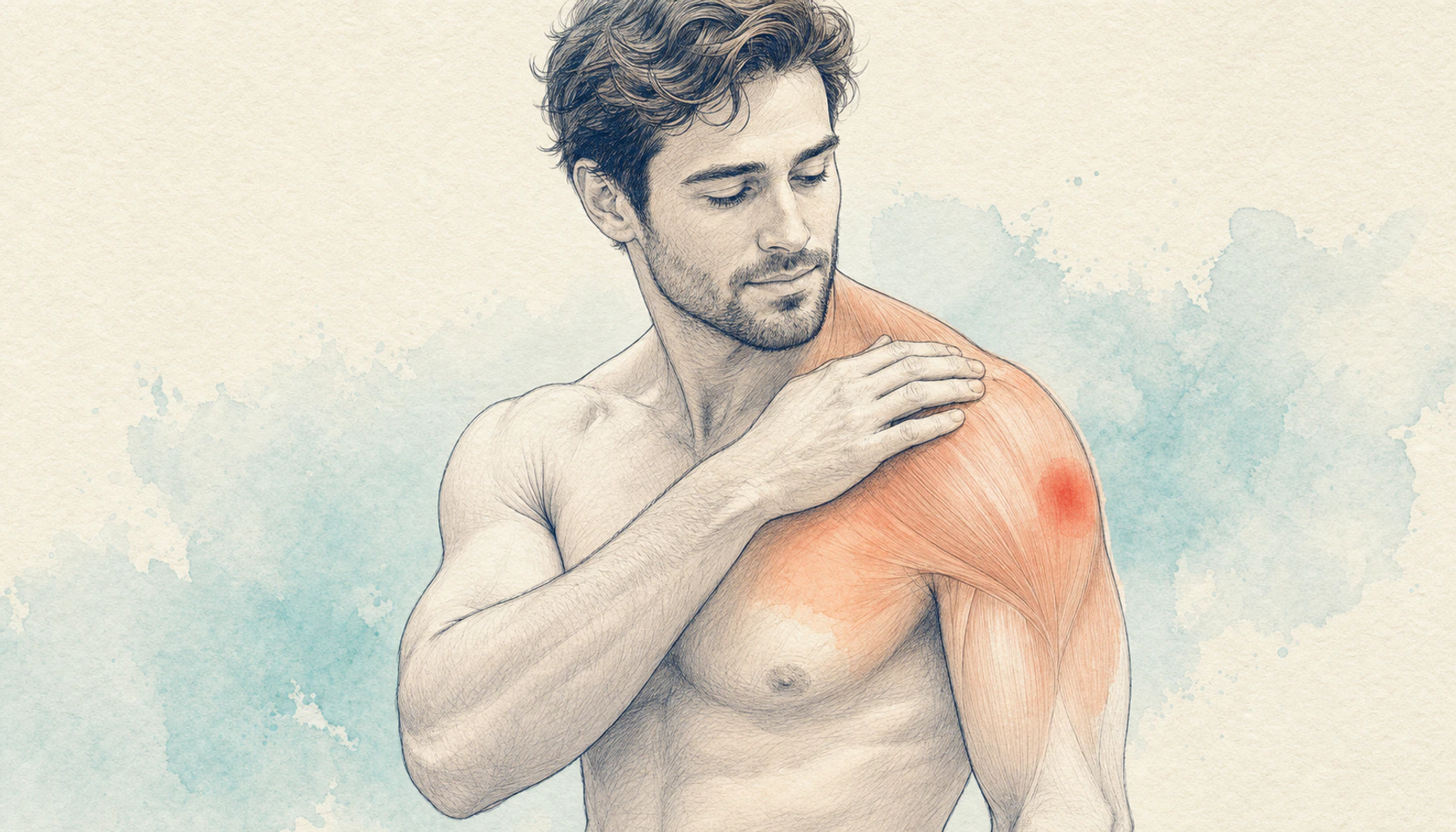 Editorial medical illustration comparing diffuse post-exercise shoulder soreness with focused shoulder pain