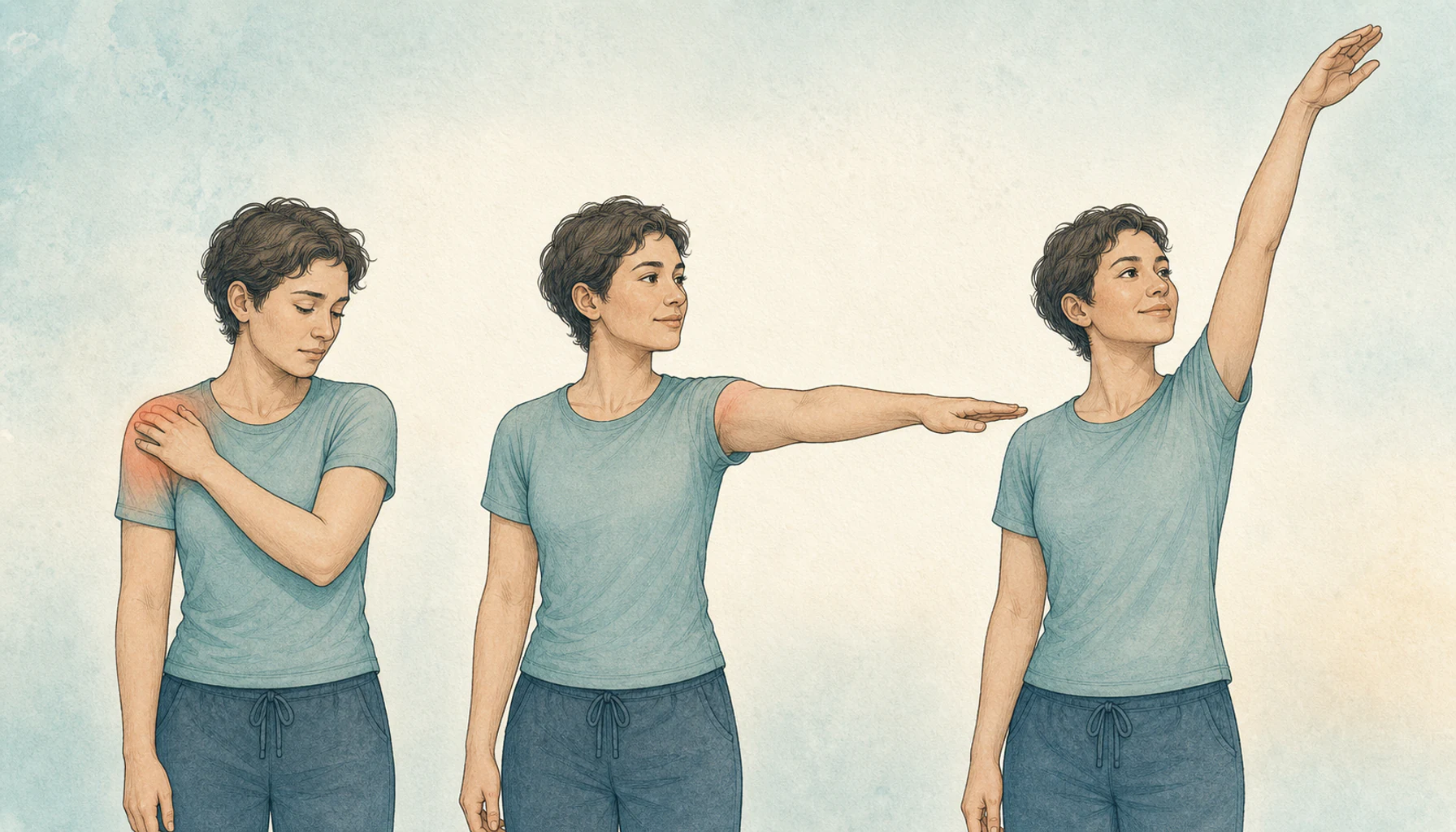 Editorial medical illustration showing gradual improvement in comfortable shoulder movement over time