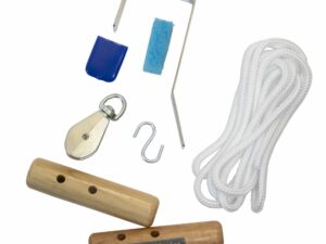 A DIY Ranger Shoulder Pulley Kit including a rope and a wooden handle.