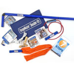 A set of items with a Shoulder Kit Pro and a blue lanyard.