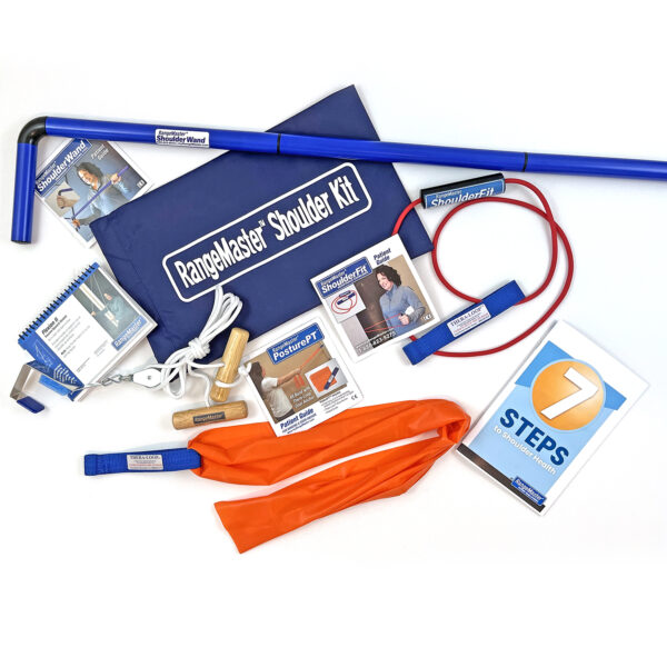 A set of items with a Shoulder Kit Pro and a blue lanyard.
