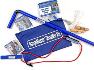 A blue Shoulder Kit Classic with a pair of scissors and a pair of pliers.