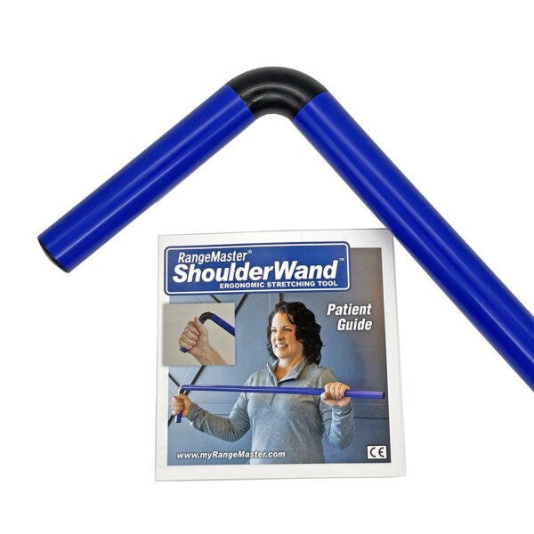 A woman is holding a blue Shoulder Kit Pro.