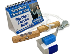 A RangeMaster® Classic Shoulder Pulley with an exercise guide and a wooden stick.
